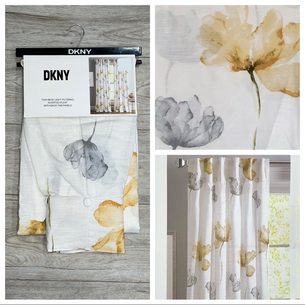 DKNY 32 x 96 City Bloom Inverted Pleat Cotton White Yellow Gray Flowers Curtains